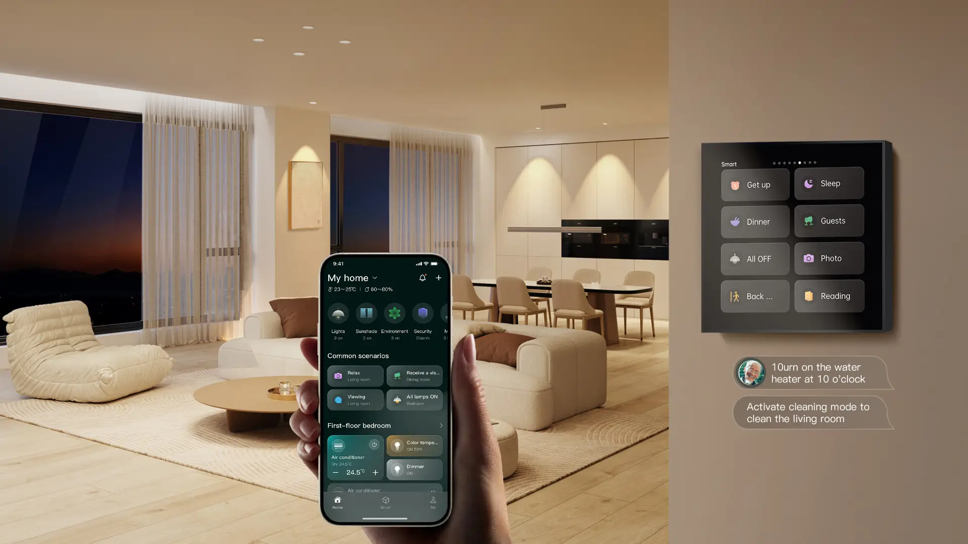 Smart home devices integrated into a luxury living room wall