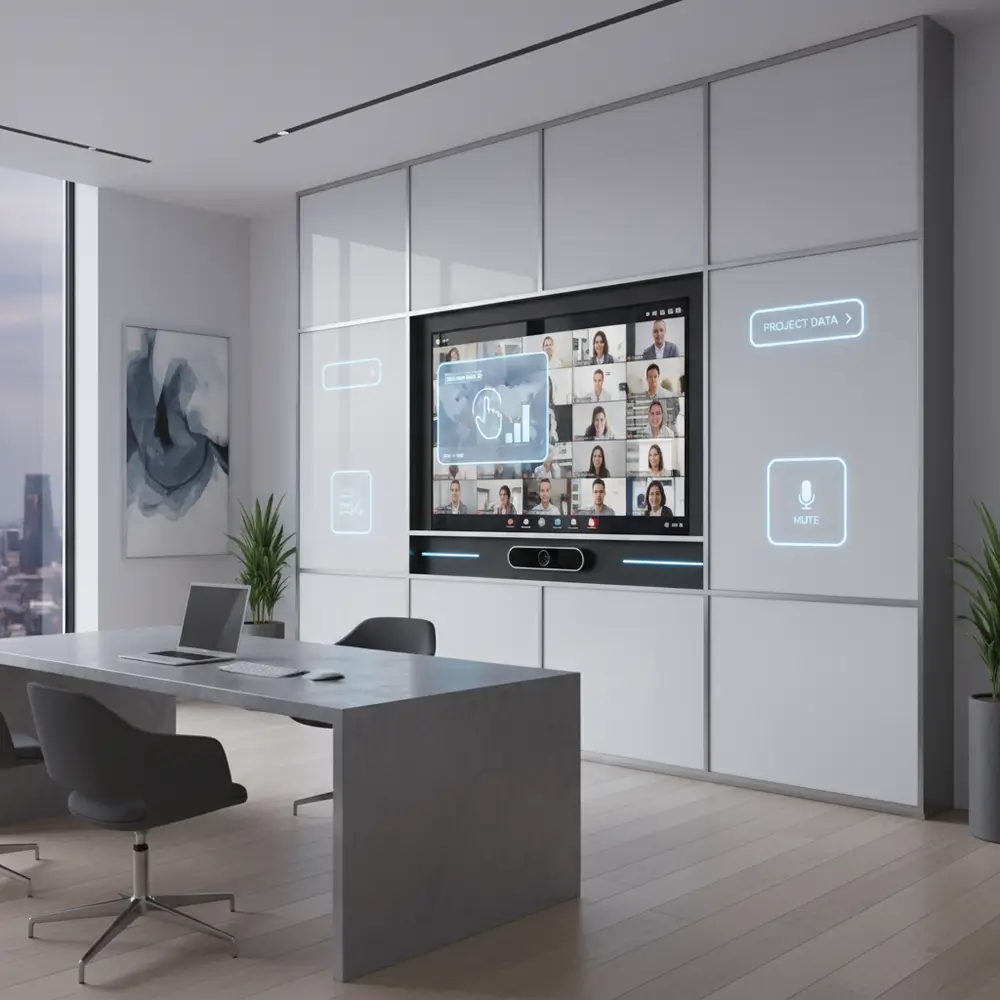 Office smart wall — Acoustic panels, conferencing camera mounts, power and data.