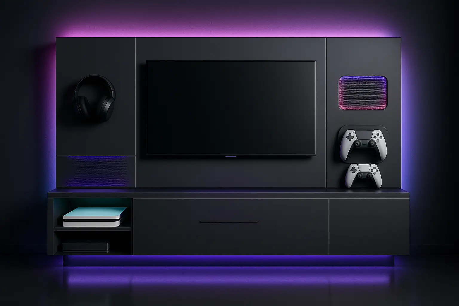 Gaming smart wall — RGB scenes, device docking, cable-free battlestation.