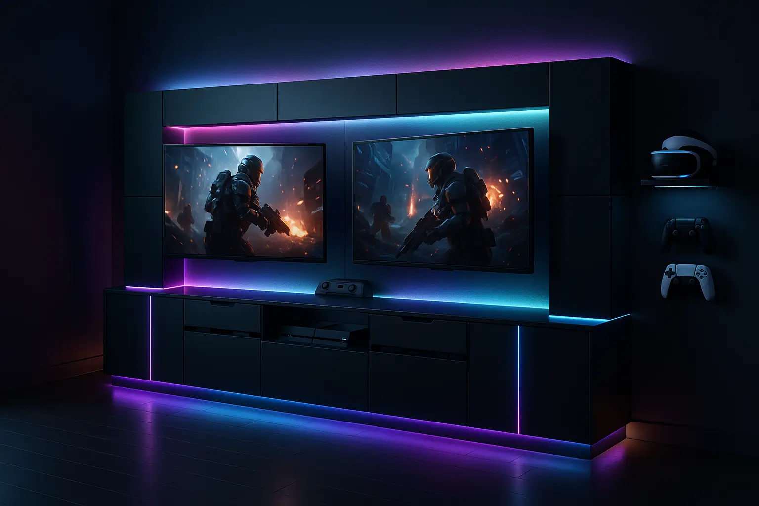 Premium smart gaming wall with detailed finishes and modern textures