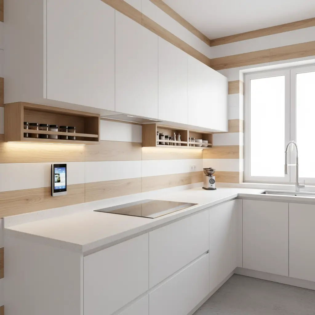 Kitchen smart wall — Washable finishes with power rails and task lighting.