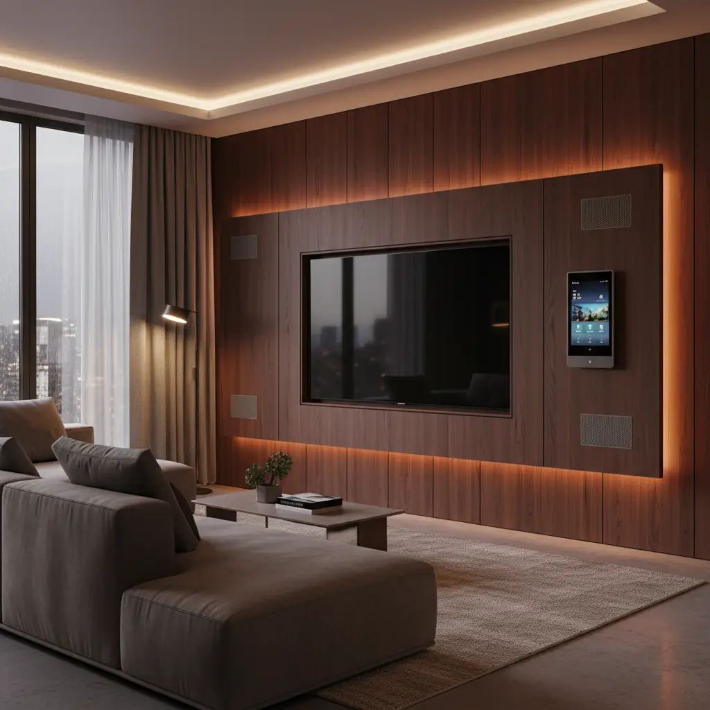 Smart wall feature installation with integrated media and lighting