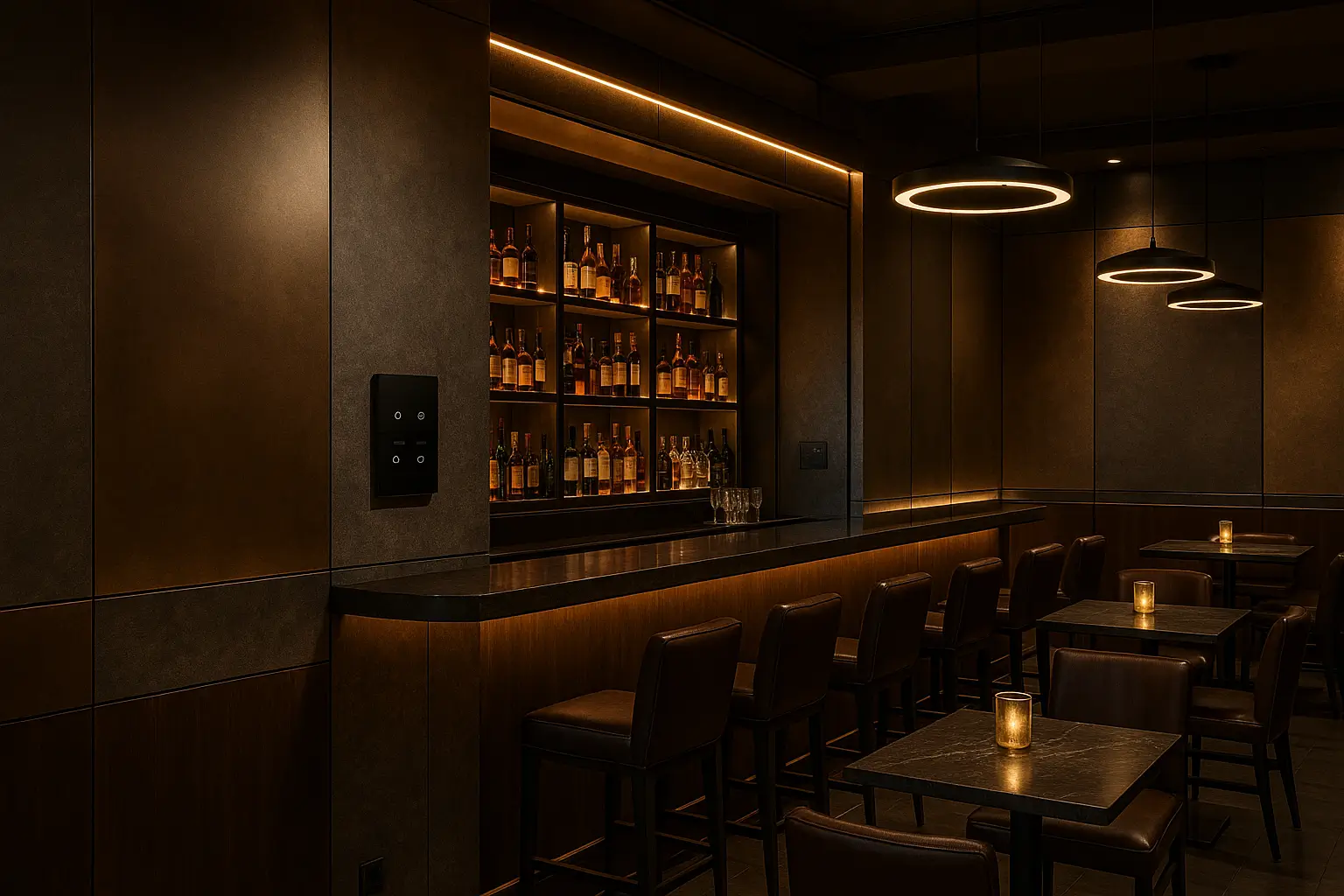 Restaurants smart wall — Durable, cleanable surfaces with integrated signage and lighting.